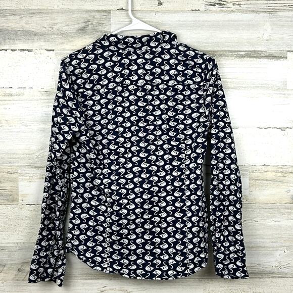 Crown & Ivy Women’s Small Navy Blue Swan Print Long Sleeve Button-Up Blouse - Picture 2 of 7
